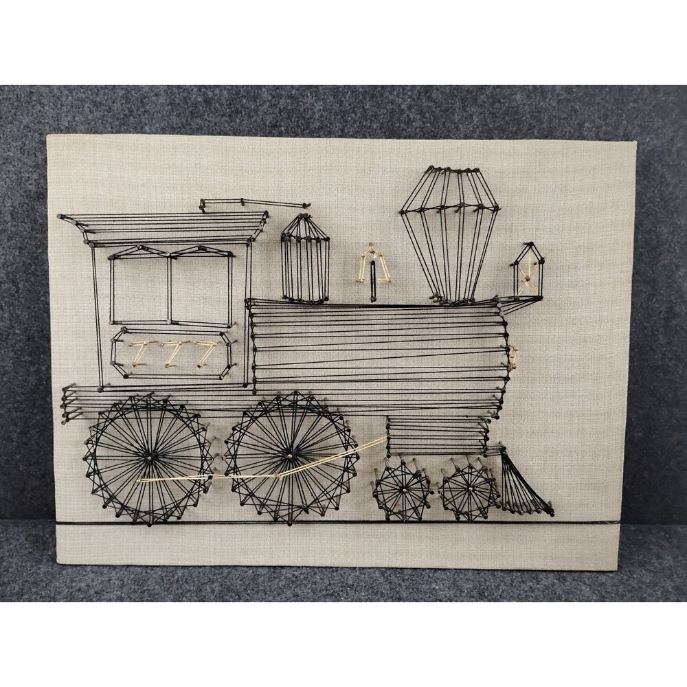 Handmade Framed String Art Train Engine Locomotive Railroad Complete On Board